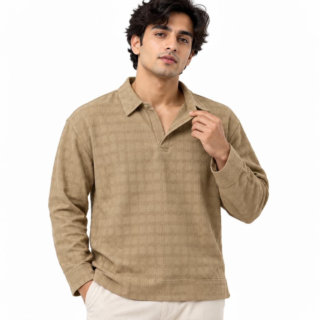 Khakhi Checkerboard Textured Crewneck Sweatshirt – Unisex