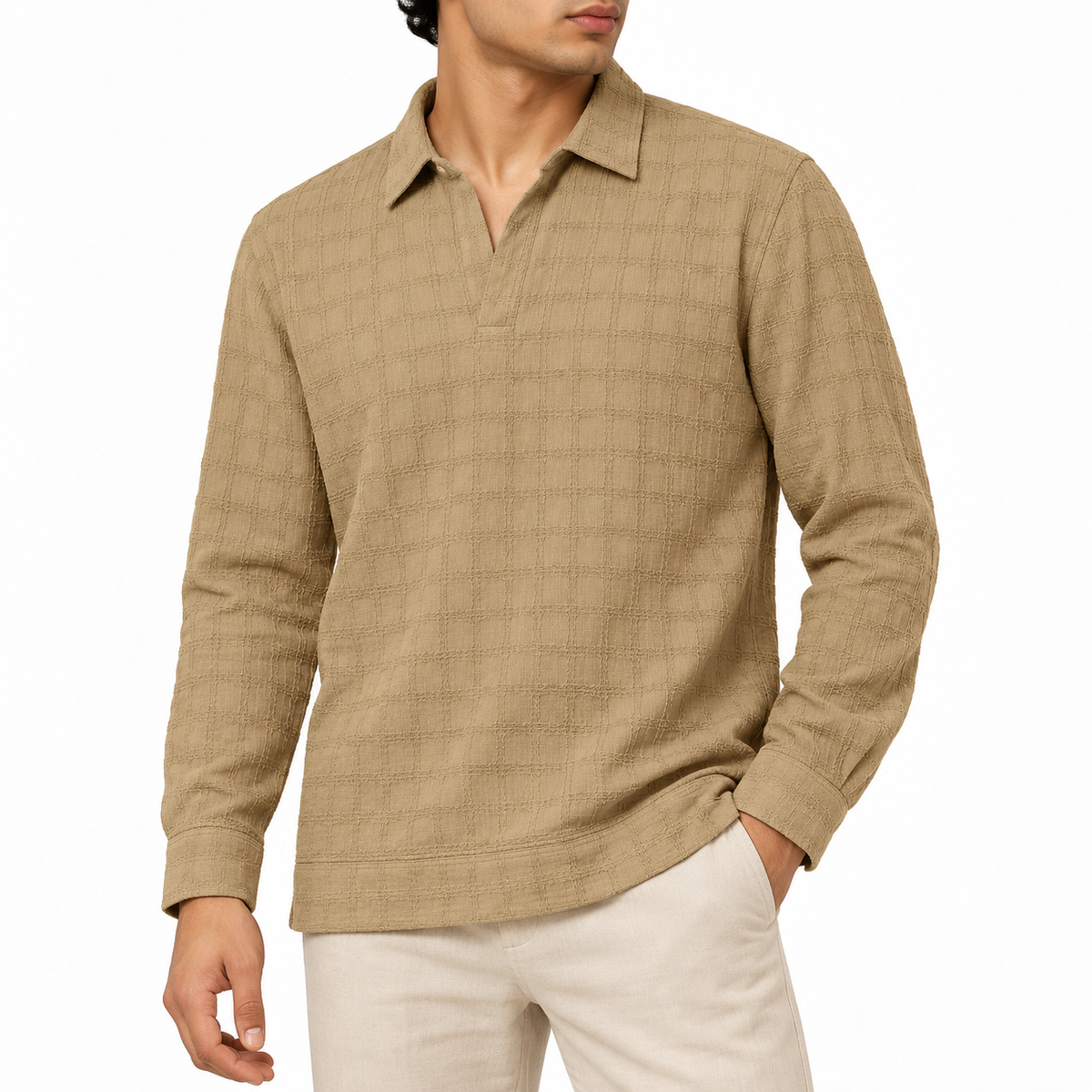 Khakhi Checkerboard Textured Crewneck Sweatshirt – Unisex