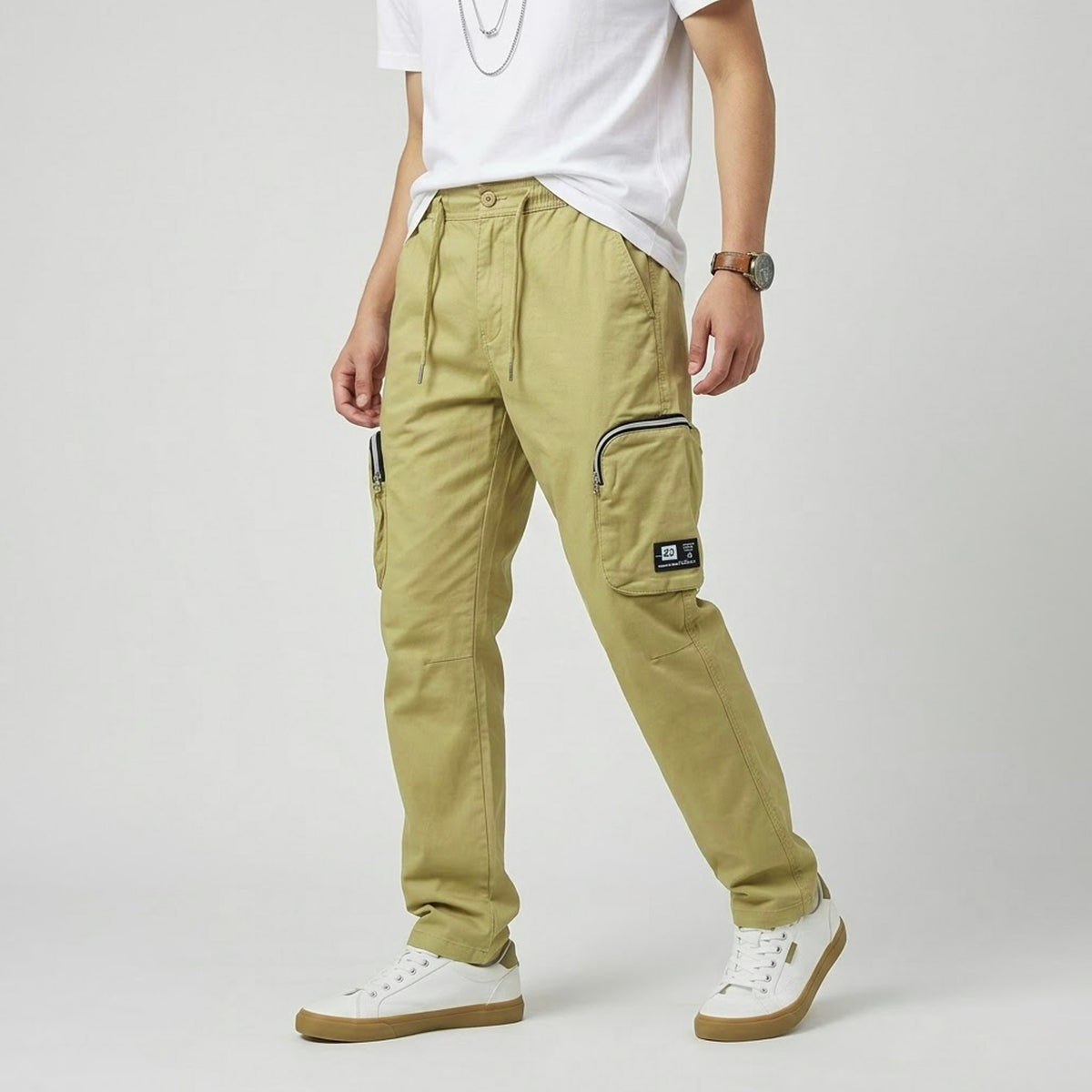 Khaki Cotton Cargo Pants - Regular Fit Utility Trousers