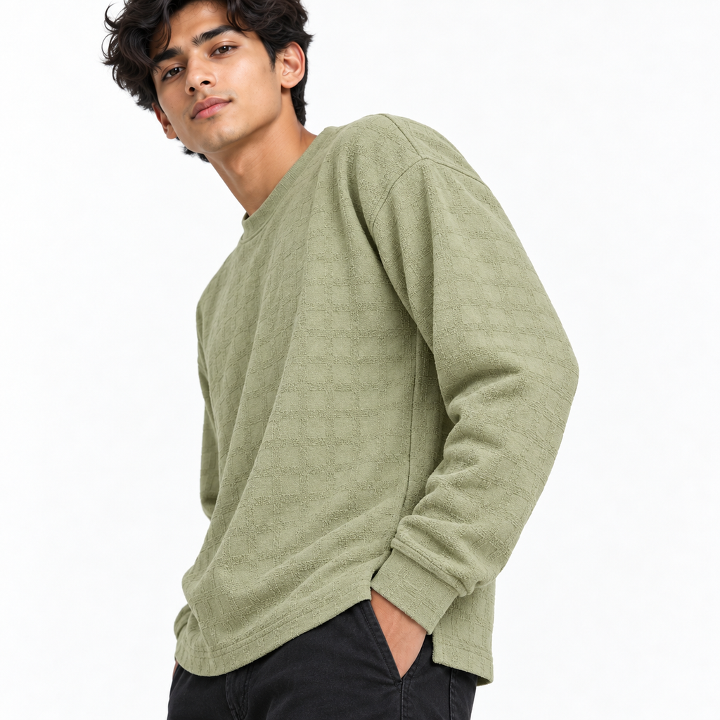 Light Sage Green Checkerboard Textured Crewneck Sweatshirt – Unisex