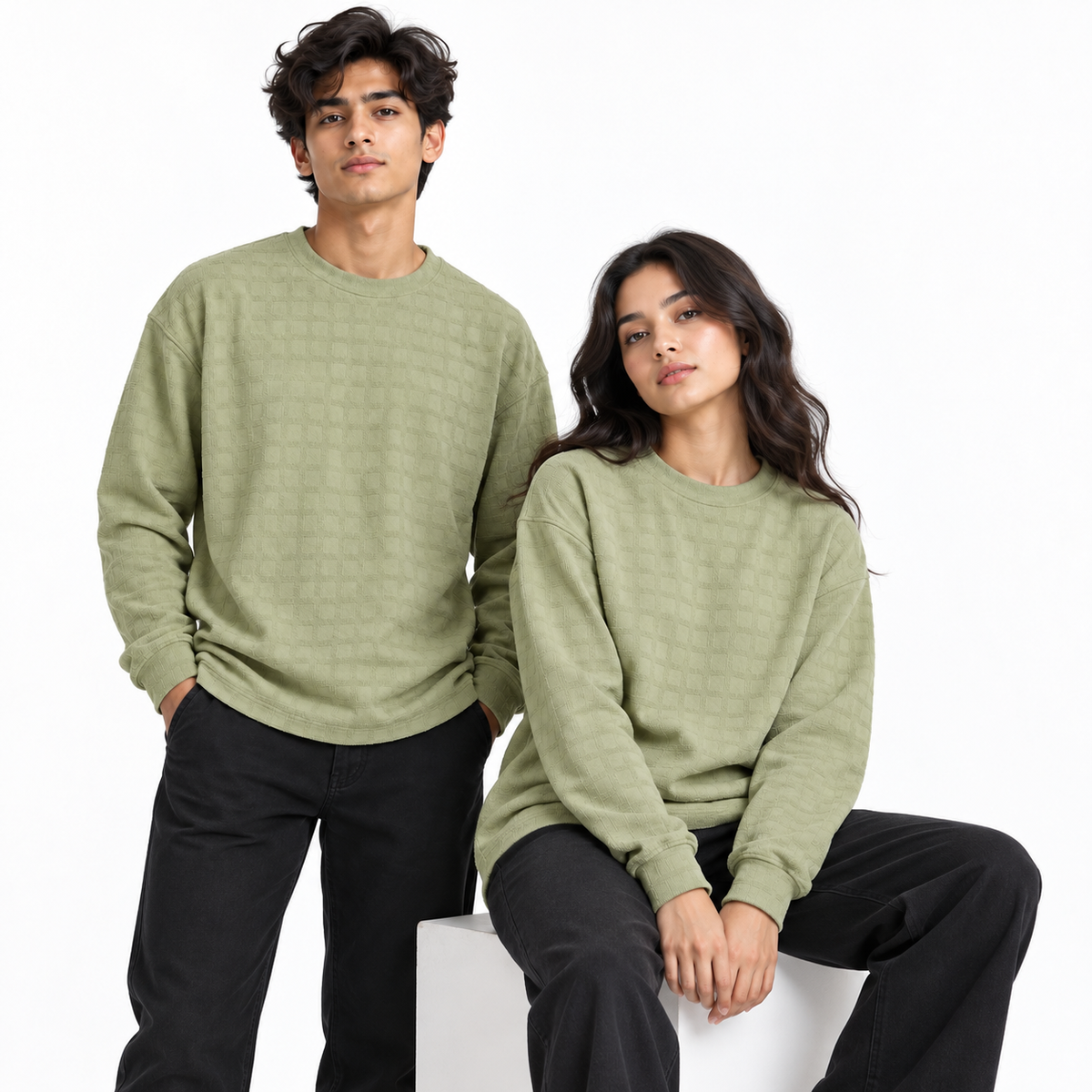 Light Sage Green Checkerboard Textured Crewneck Sweatshirt – Unisex