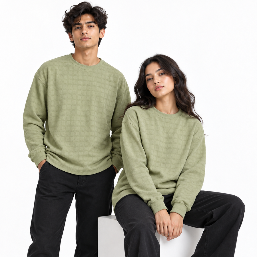 Light Sage Green Checkerboard Textured Crewneck Sweatshirt – Unisex