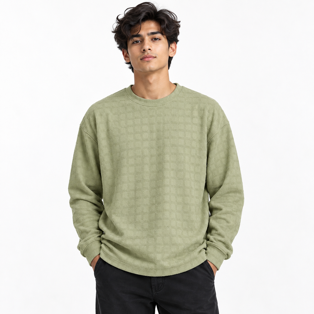 Light Sage Green Checkerboard Textured Crewneck Sweatshirt – Unisex