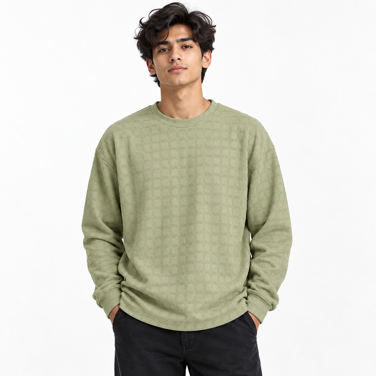 Light Sage Green Checkerboard Textured Crewneck Sweatshirt – Unisex