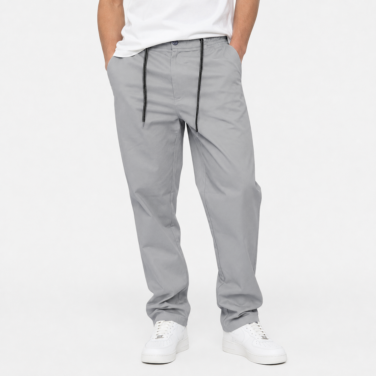 Light Stone Drawstring Cotton Trousers - Pants - Semi-Baggy