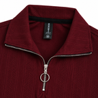 Maroon Jacquard Quarter-Zip Full Sleeve Tee | Relaxed Fit