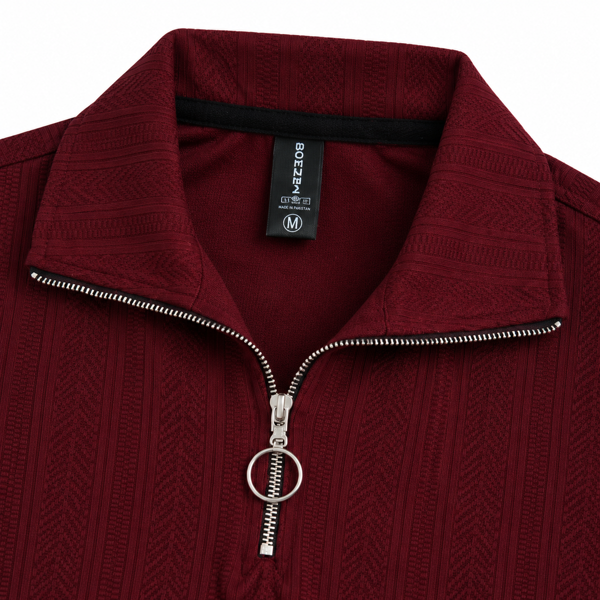 Maroon Jacquard Quarter-Zip Full Sleeve Tee | Relaxed Fit