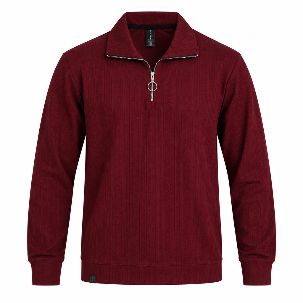 Maroon Jacquard Quarter-Zip Full Sleeve Tee | Relaxed Fit