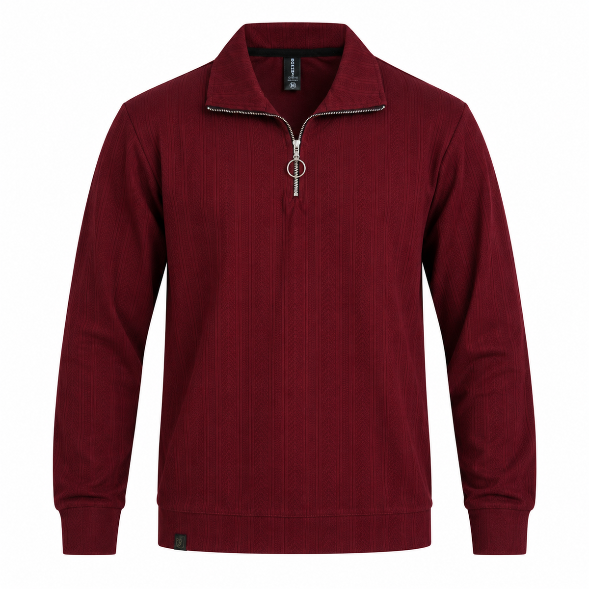 Maroon Jacquard Quarter-Zip Full Sleeve Tee | Relaxed Fit
