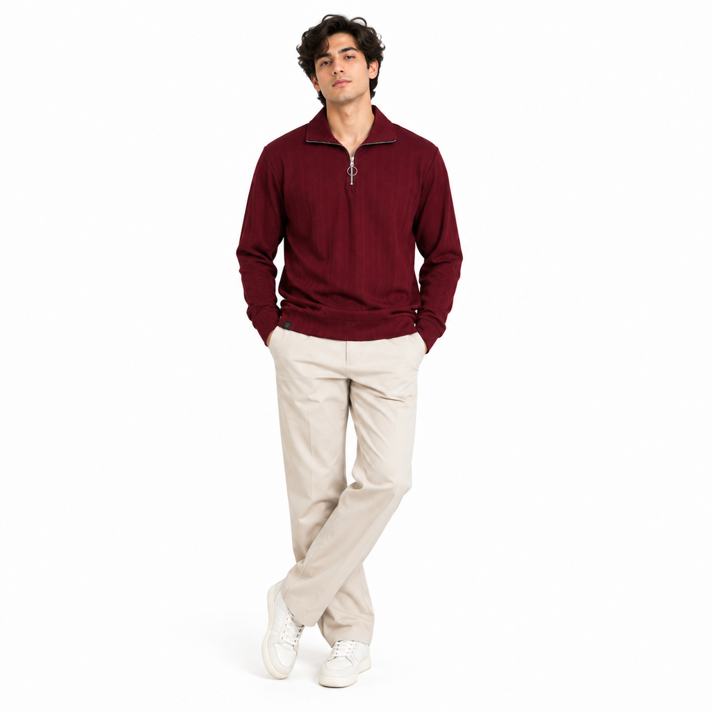 Maroon Jacquard Quarter-Zip Full Sleeve Tee | Relaxed Fit