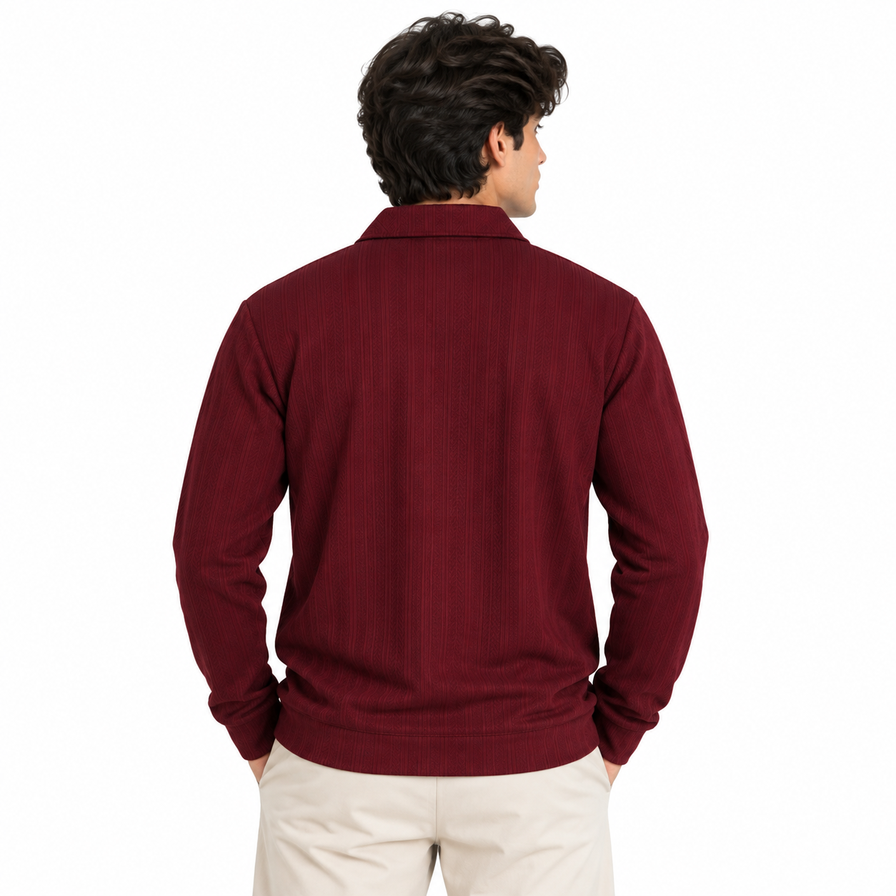 Maroon Jacquard Quarter-Zip Full Sleeve Tee | Relaxed Fit