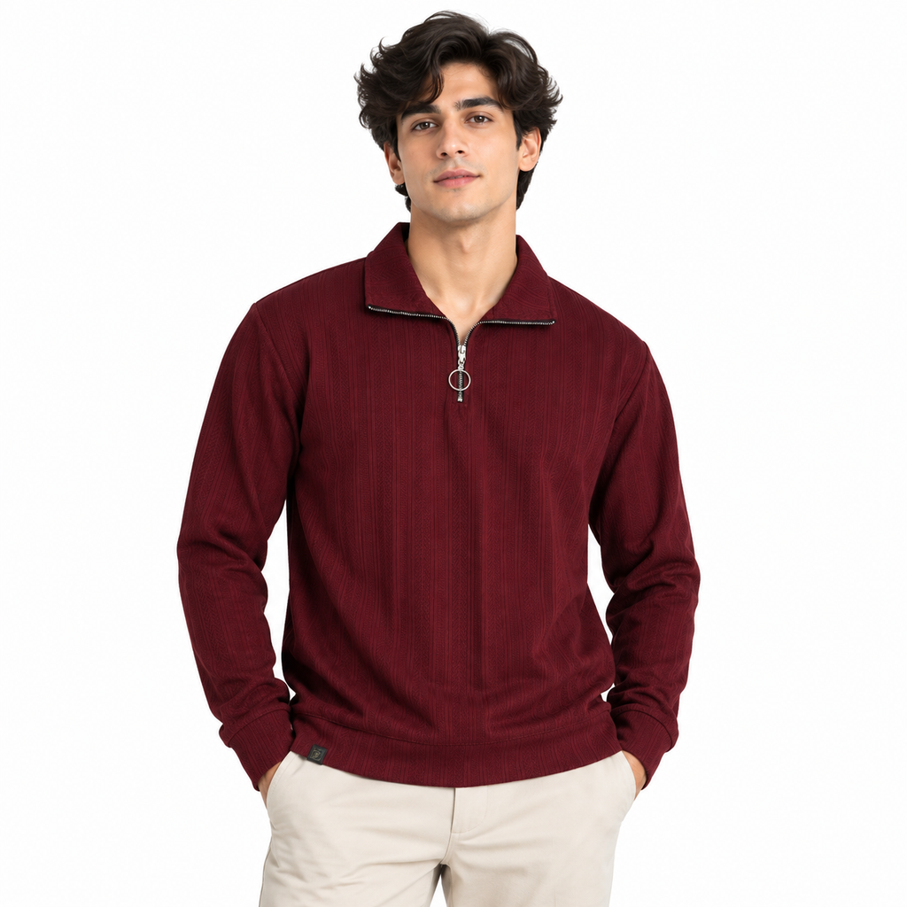 Maroon Jacquard Quarter-Zip Full Sleeve Tee | Relaxed Fit