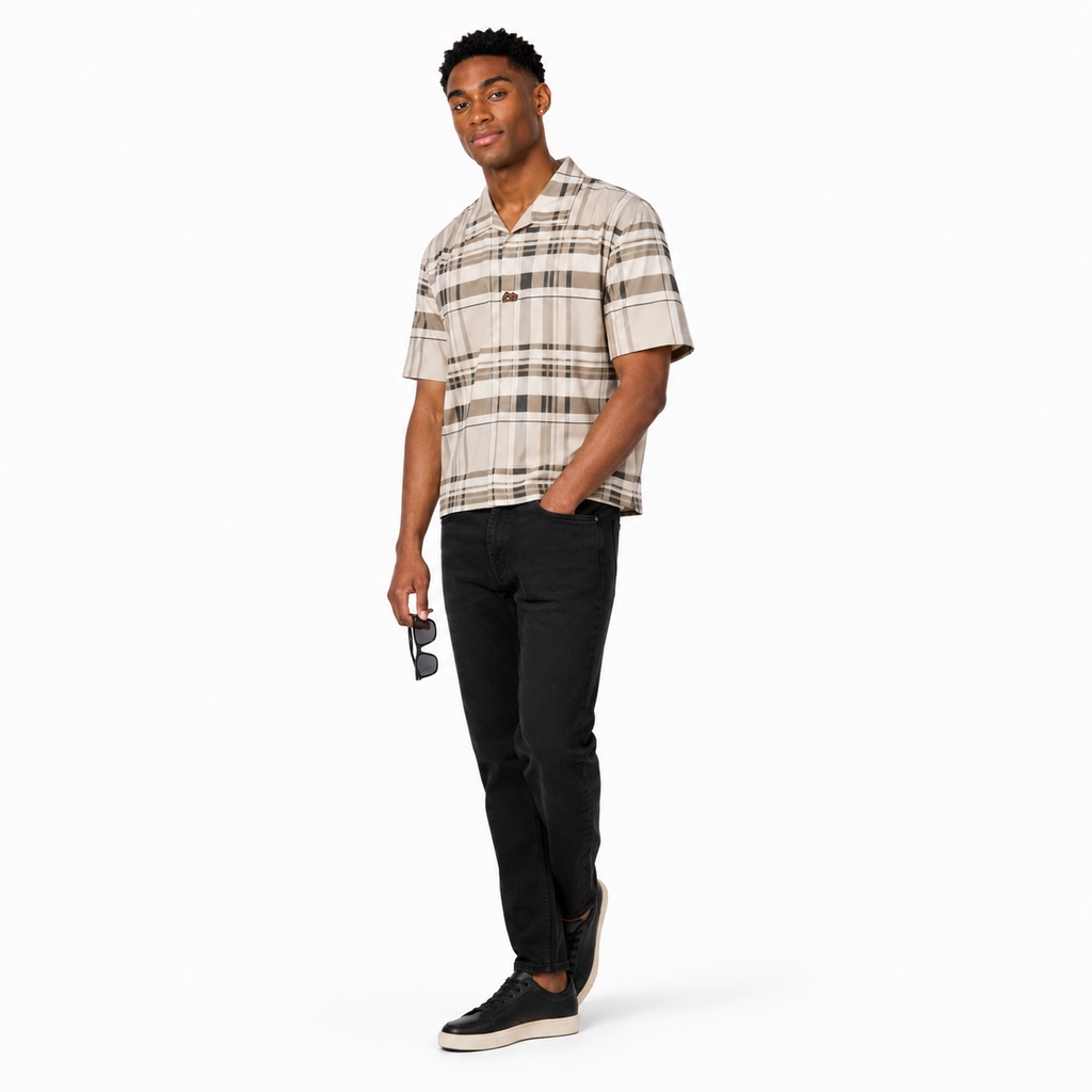 Men’s Beige Stretch Check Half-Button Shirt