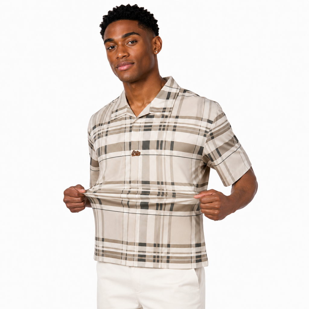 Men’s Beige Stretch Check Half-Button Shirt