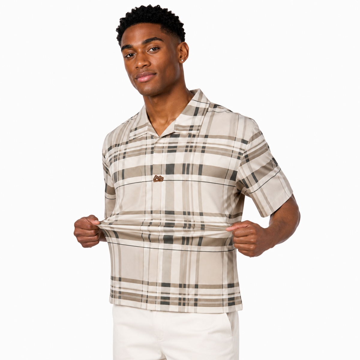 Men’s Beige Stretch Check Half-Button Shirt