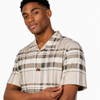 Men’s Beige Stretch Check Half-Button Shirt