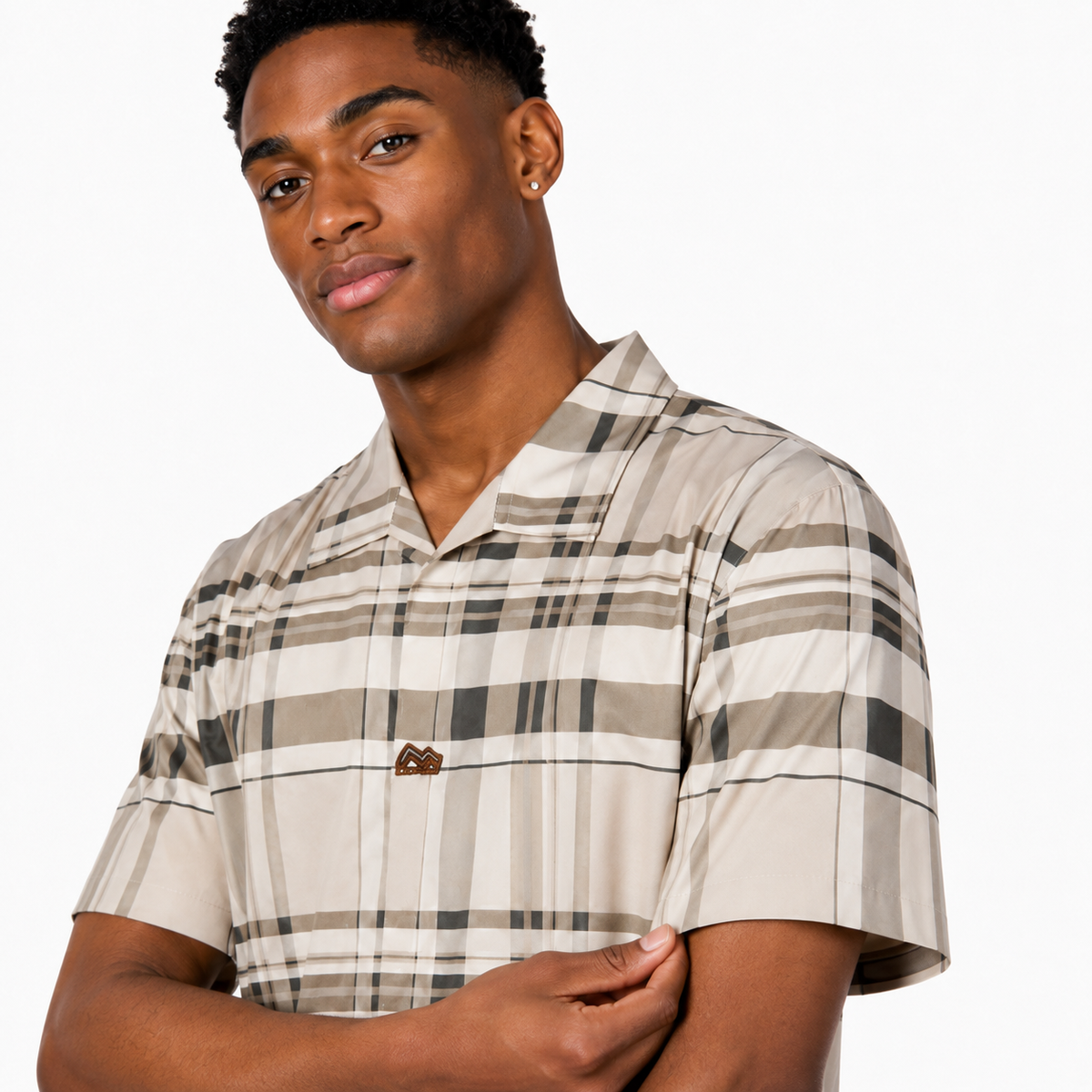 Men’s Beige Stretch Check Half-Button Shirt