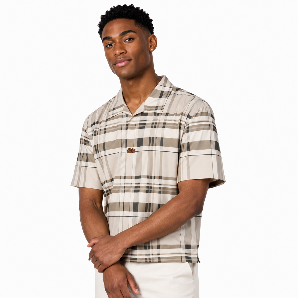 Men’s Beige Stretch Check Half-Button Shirt