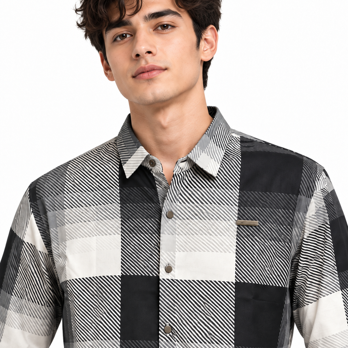 Black Geometric Check Printed Shirt _ Soft & Silky Polyester
