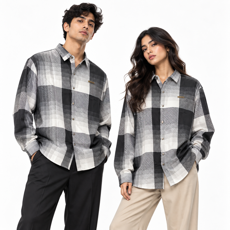 Black Geometric Check Printed Shirt _ Soft & Silky Polyester