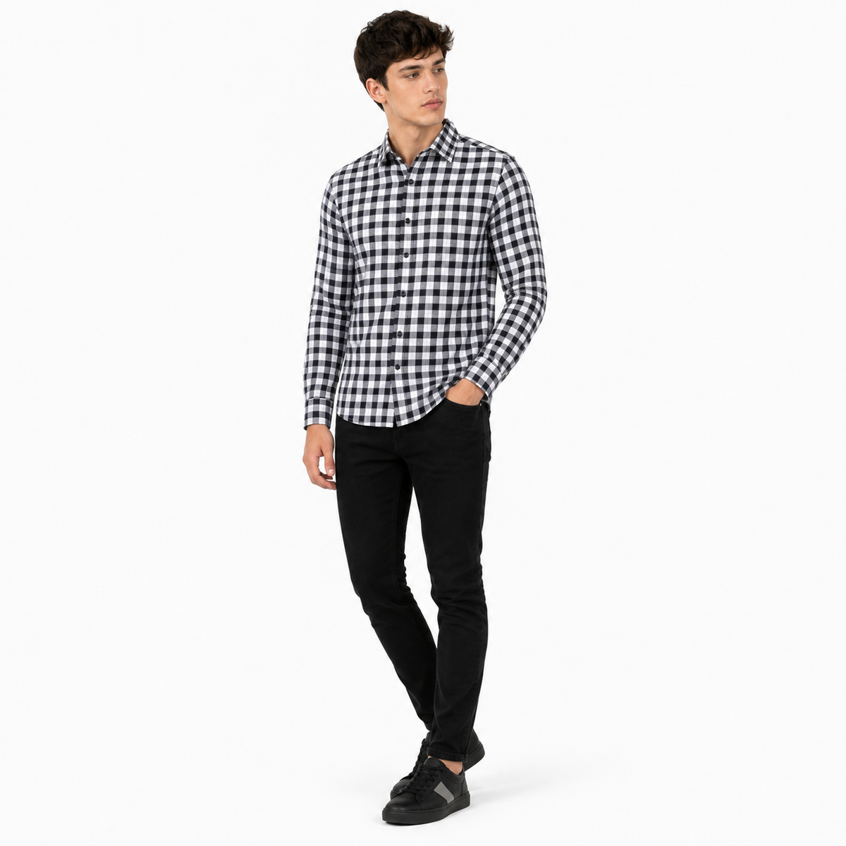 Men’s Black & White Check Slim-Fit Shirt