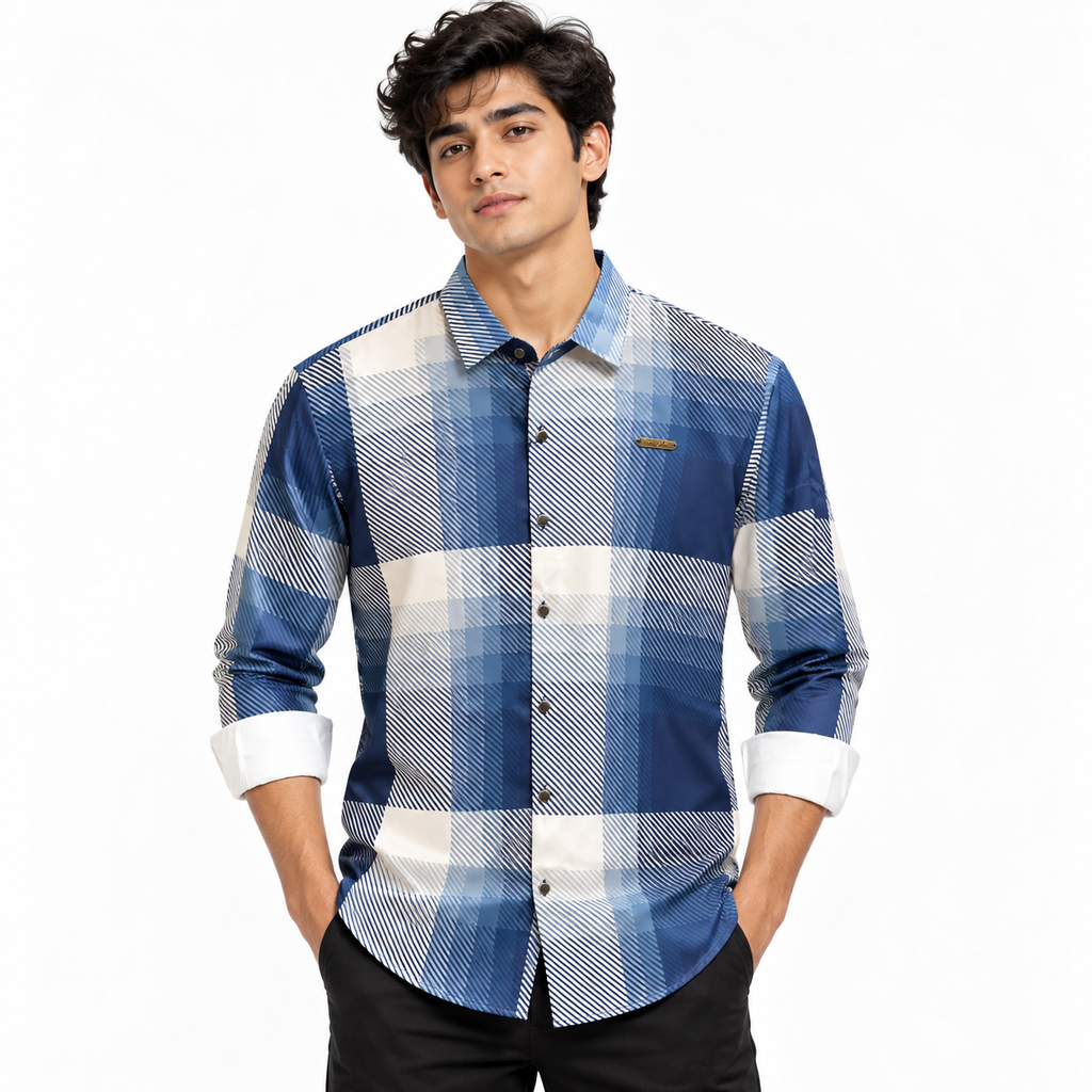 Blue Geometric Check Printed Shirt _ Soft & Silky Polyester