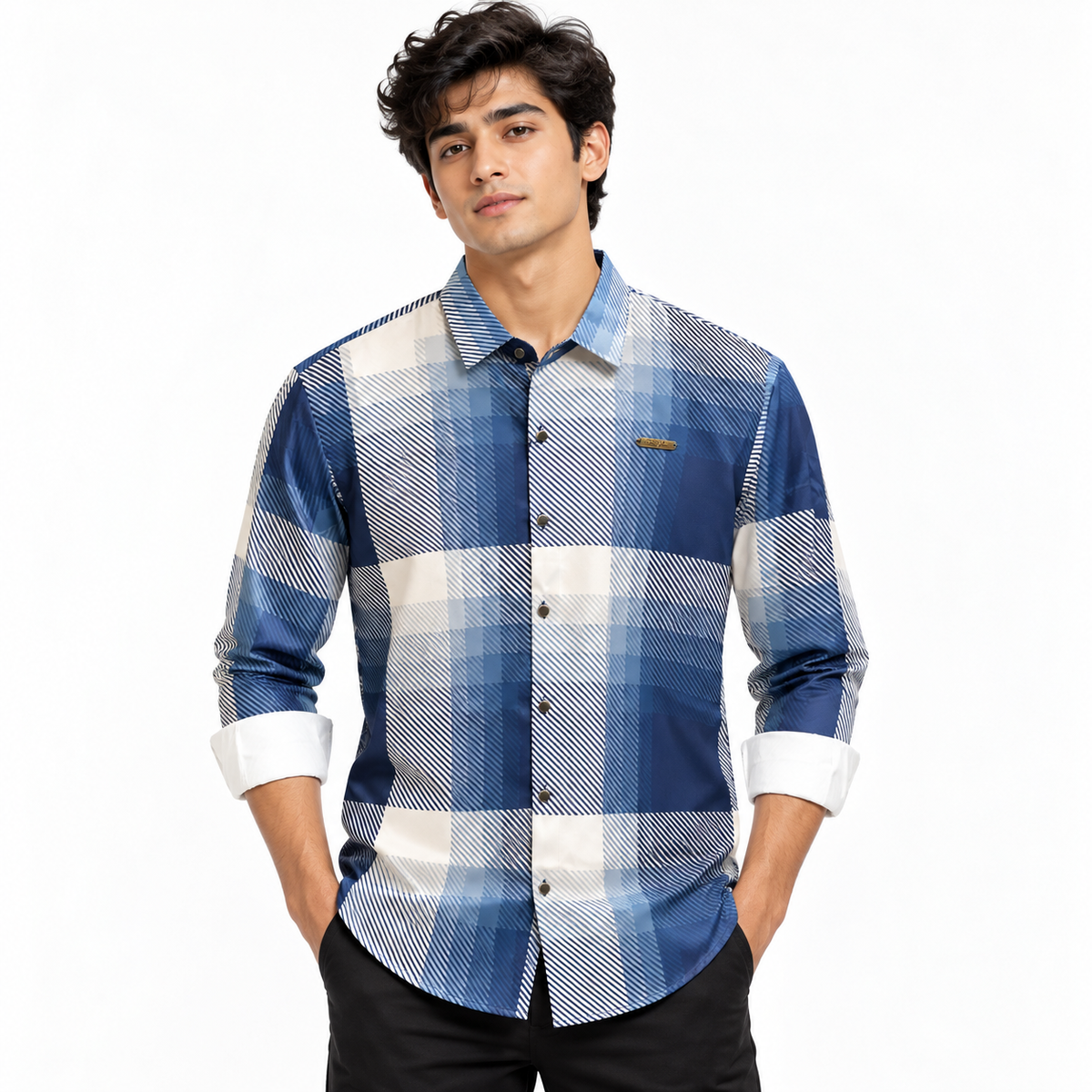 Blue Geometric Check Printed Shirt _ Soft & Silky Polyester
