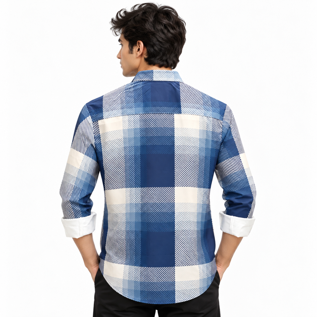 Blue Geometric Check Printed Shirt _ Soft & Silky Polyester