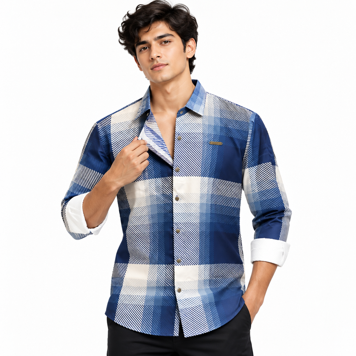 Blue Geometric Check Printed Shirt _ Soft & Silky Polyester