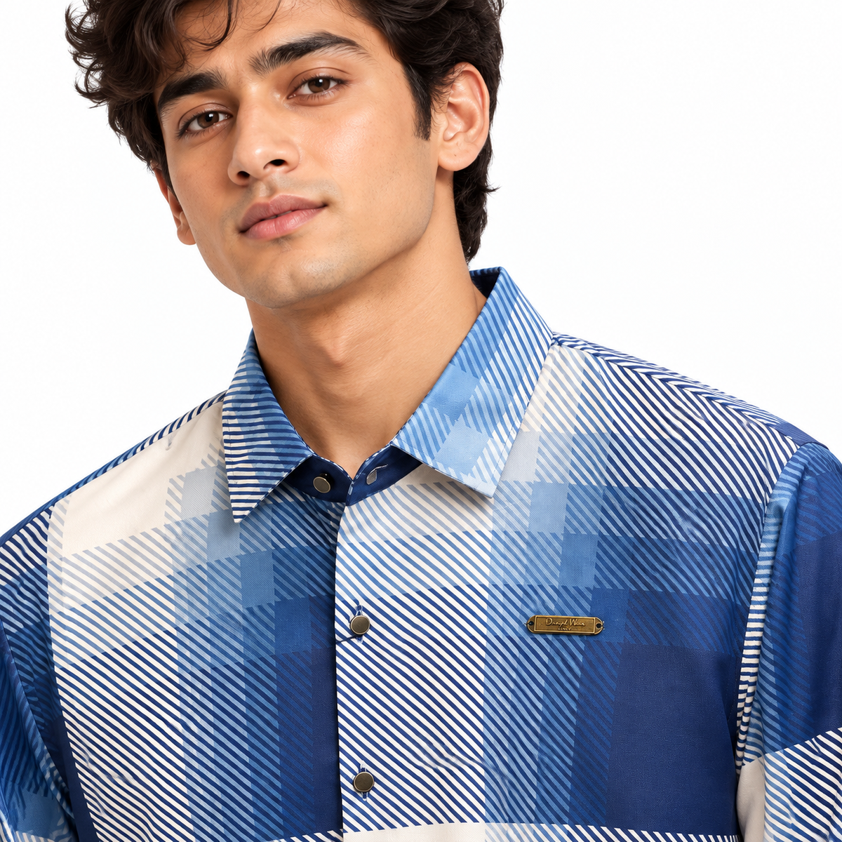Blue Geometric Check Printed Shirt _ Soft & Silky Polyester