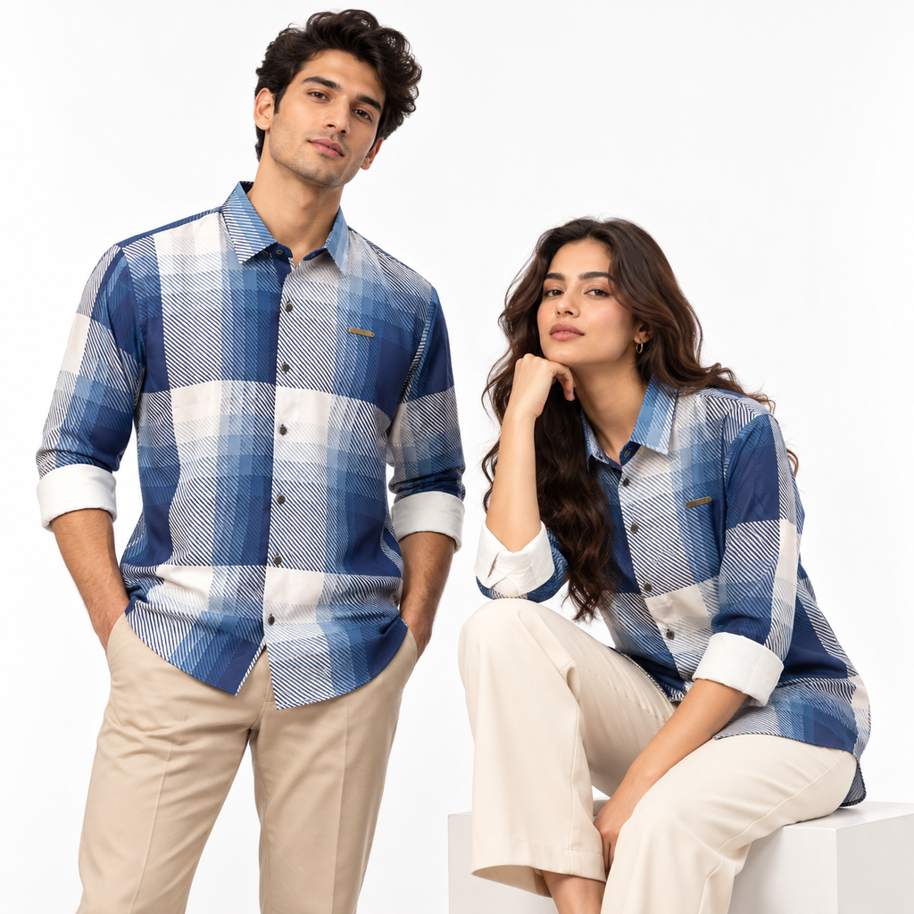 Blue Geometric Check Printed Shirt _ Soft & Silky Polyester