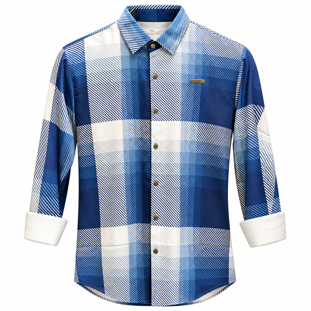Blue Geometric Check Printed Shirt _ Soft & Silky Polyester