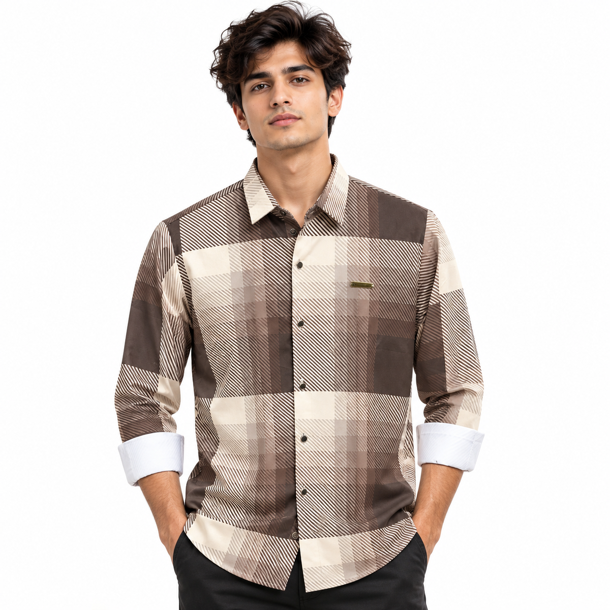 Brown Geometric Check Printed Shirt _ Soft & Silky Polyester
