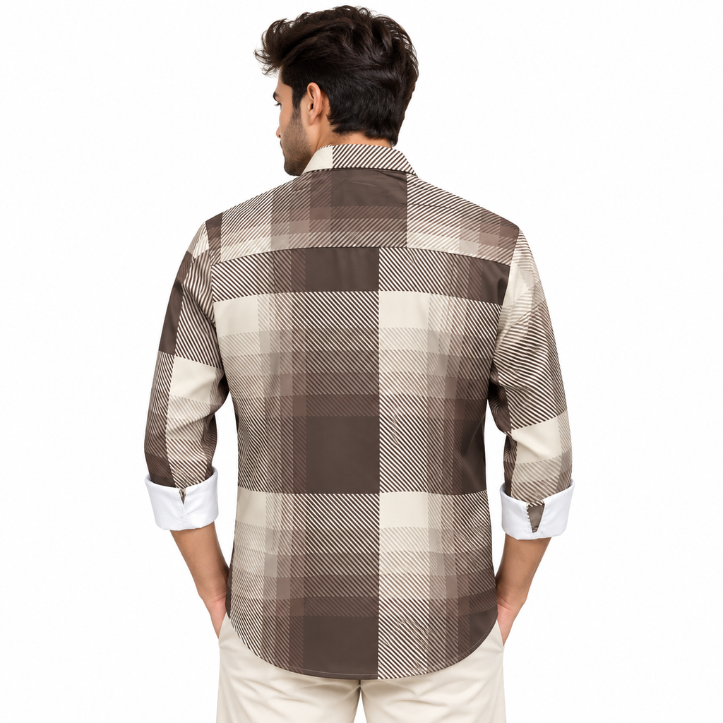Brown Geometric Check Printed Shirt _ Soft & Silky Polyester