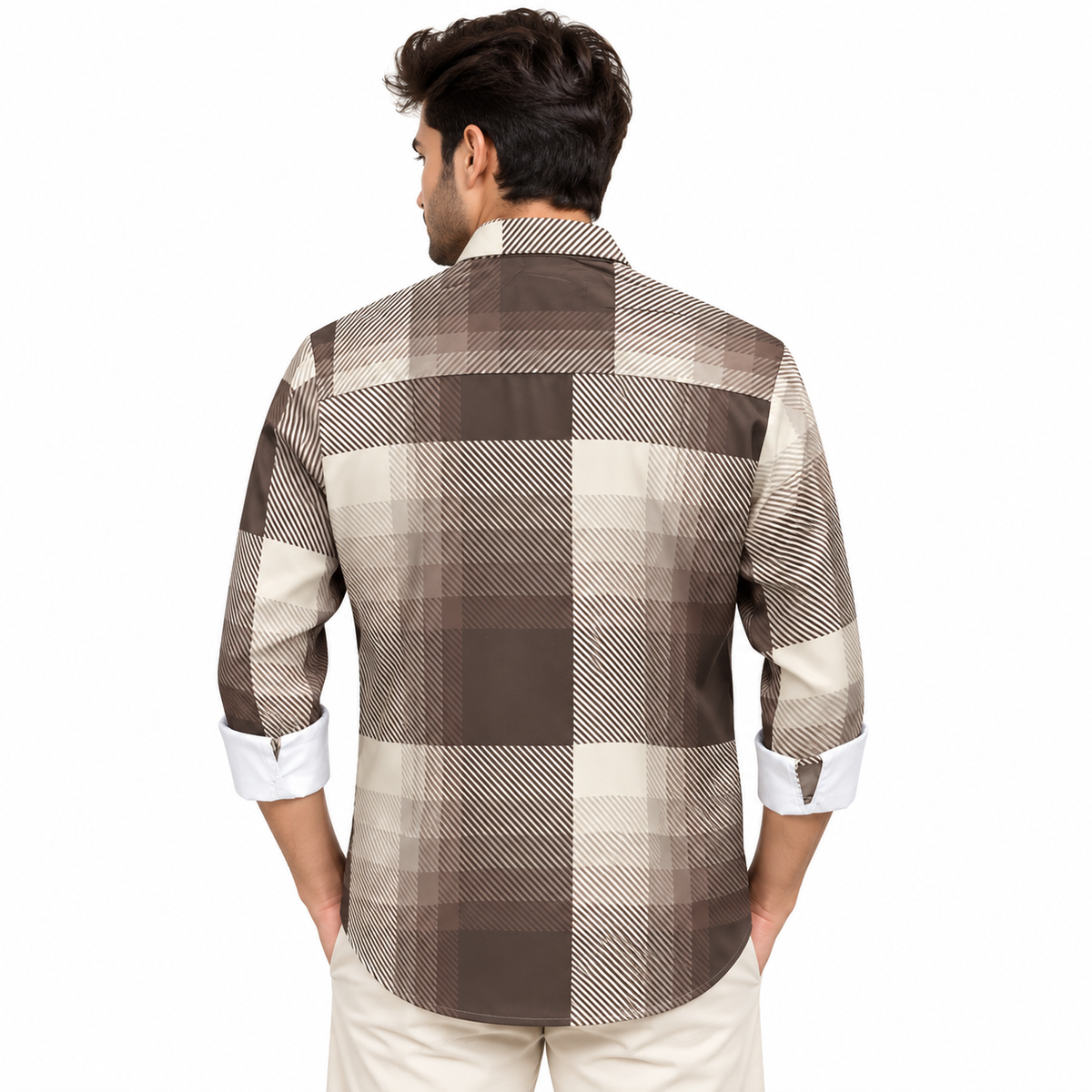 Brown Geometric Check Printed Shirt _ Soft & Silky Polyester