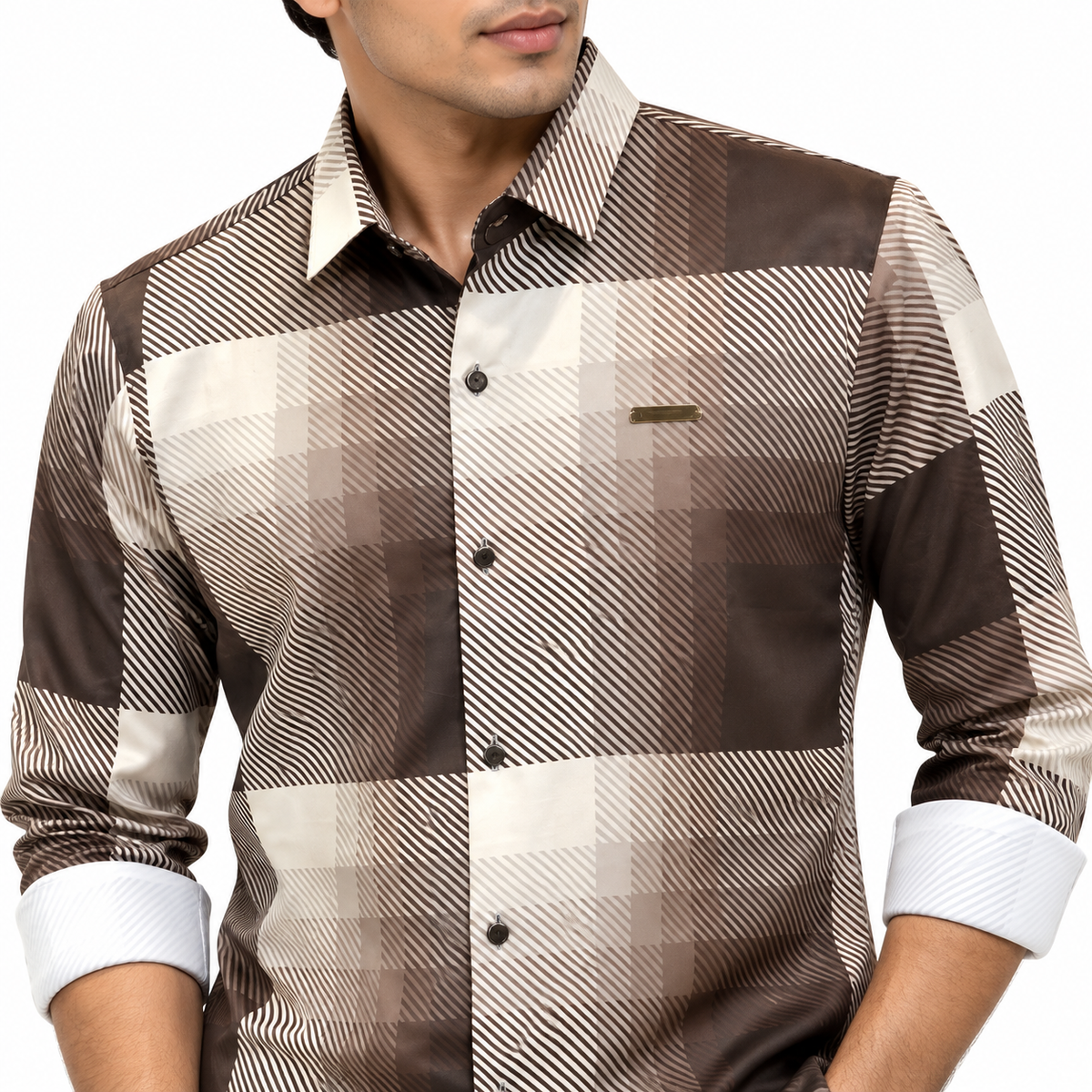 Brown Geometric Check Printed Shirt _ Soft & Silky Polyester