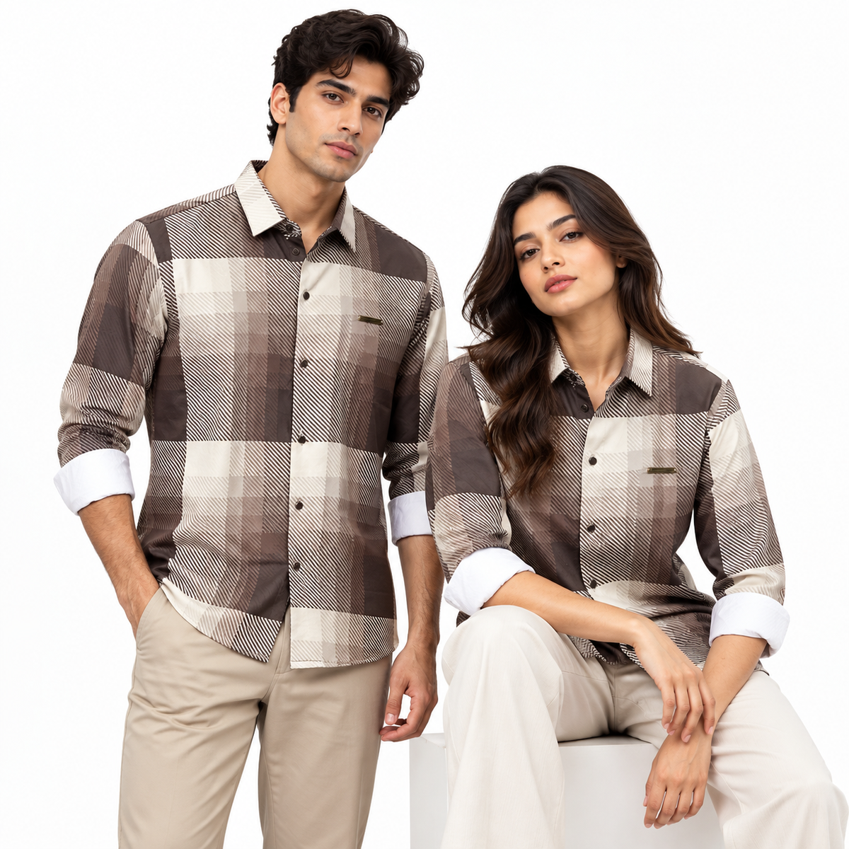 Brown Geometric Check Printed Shirt _ Soft & Silky Polyester