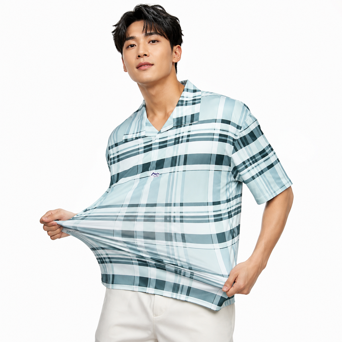 Men’s Green Stretch Check Half-Button Shirt