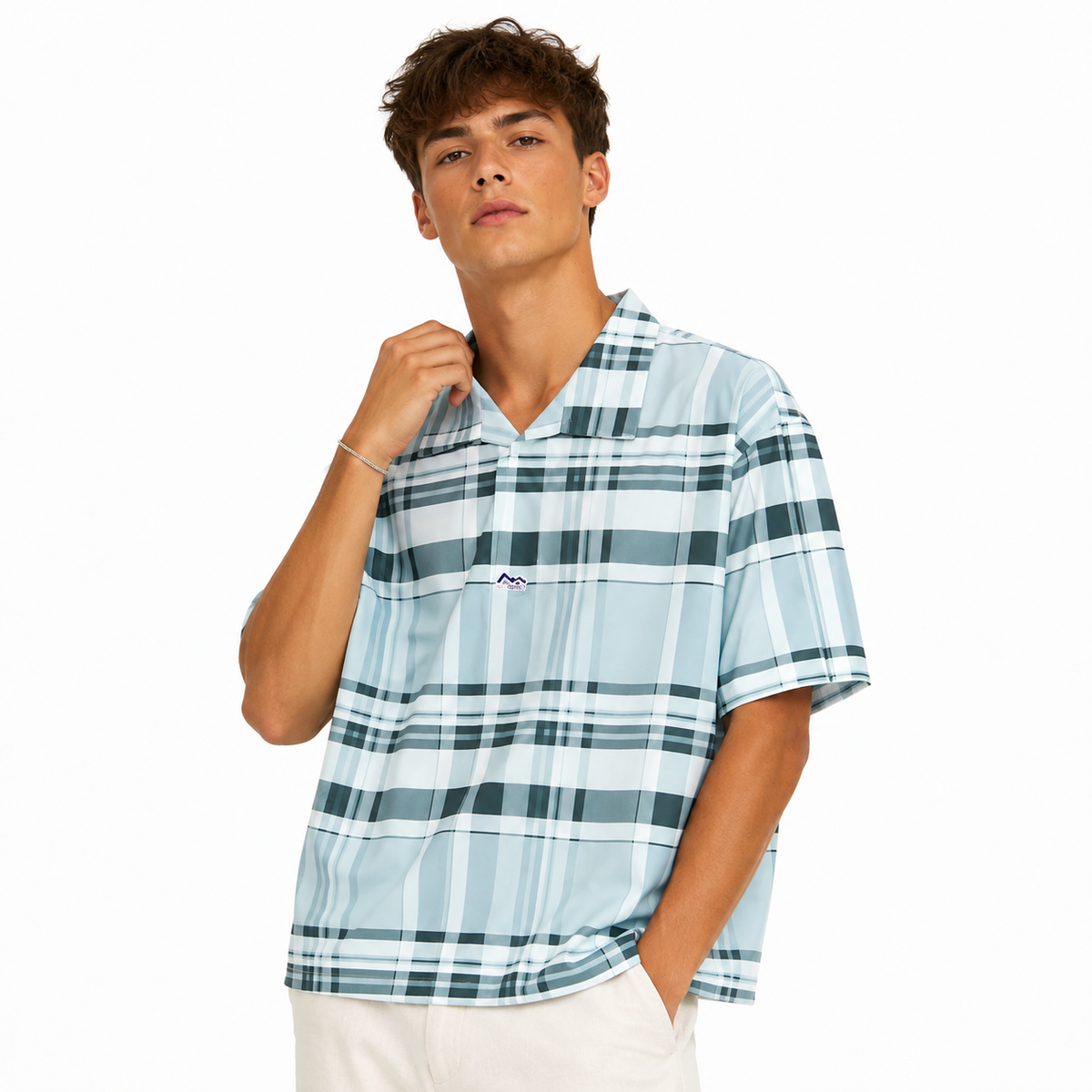 Men’s Green Stretch Check Half-Button Shirt