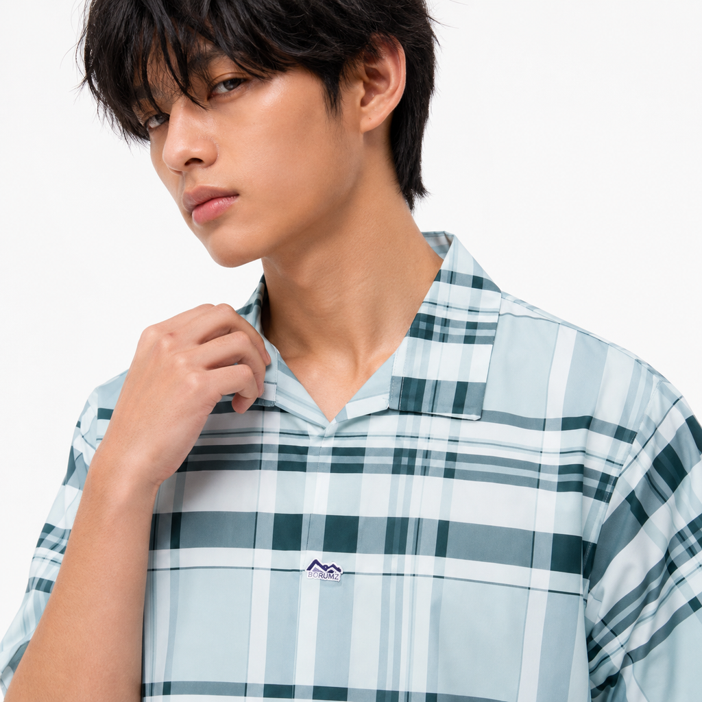 Men’s Green Stretch Check Half-Button Shirt