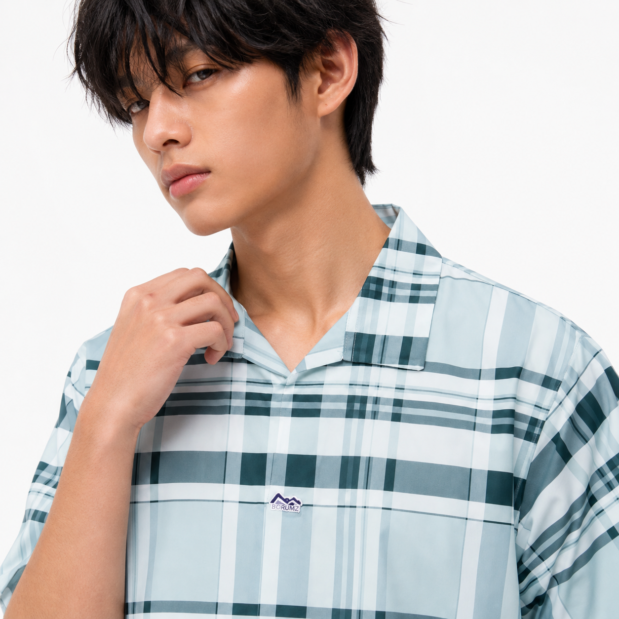 Men’s Green Stretch Check Half-Button Shirt