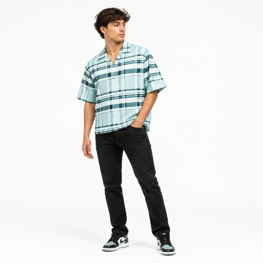 Men’s Green Stretch Check Half-Button Shirt