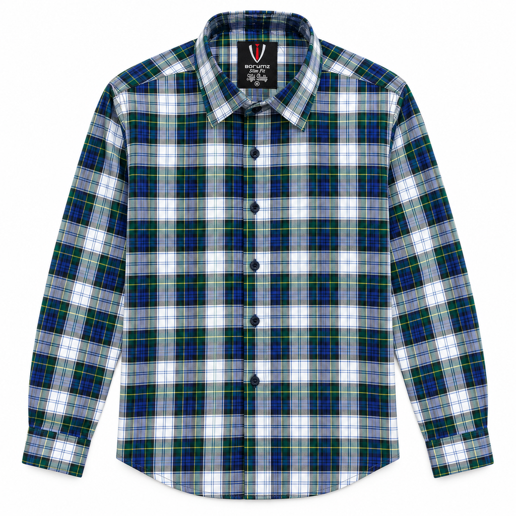 Green & Blue Plaid Check Slim Fit Long Sleeve Shirt