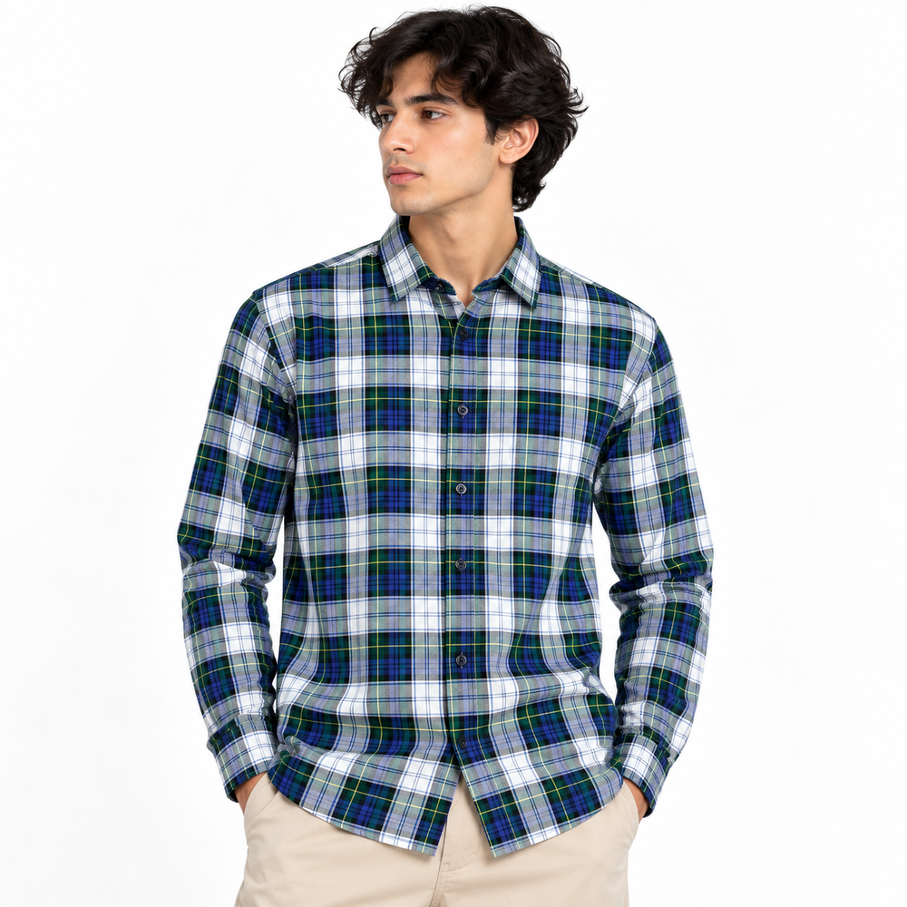 Green & Blue Plaid Check Slim Fit Long Sleeve Shirt