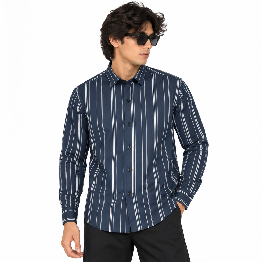 Navy Blue Vertical Stripe Slim Fit Long Sleeve Shirt