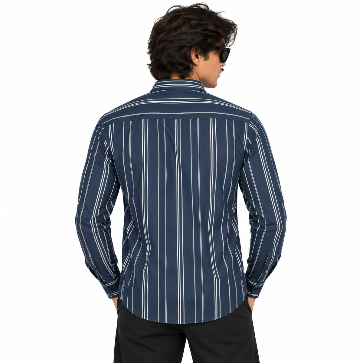 Navy Blue Vertical Stripe Slim Fit Long Sleeve Shirt