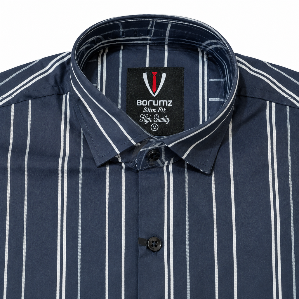 Navy Blue Vertical Stripe Slim Fit Long Sleeve Shirt