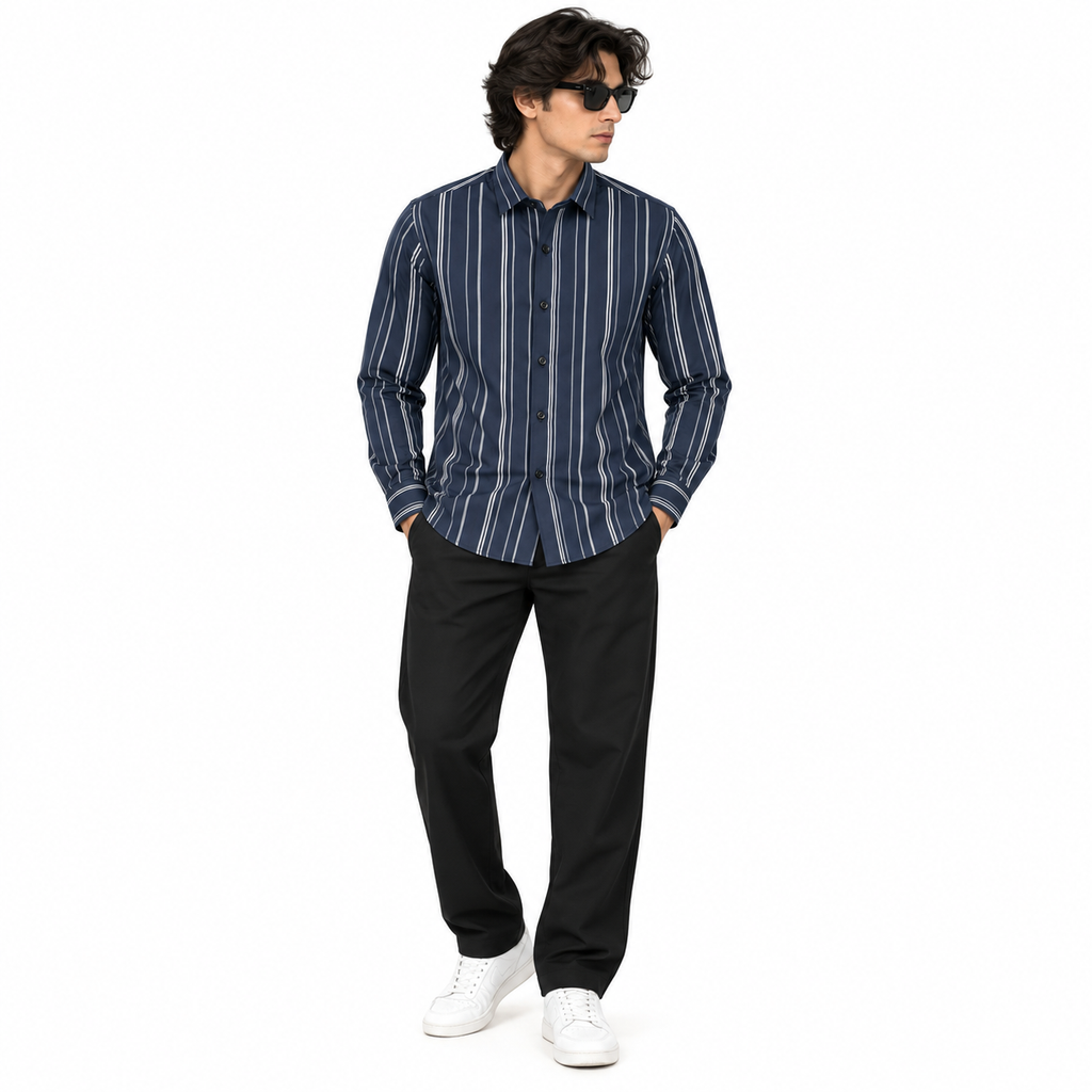Navy Blue Vertical Stripe Slim Fit Long Sleeve Shirt