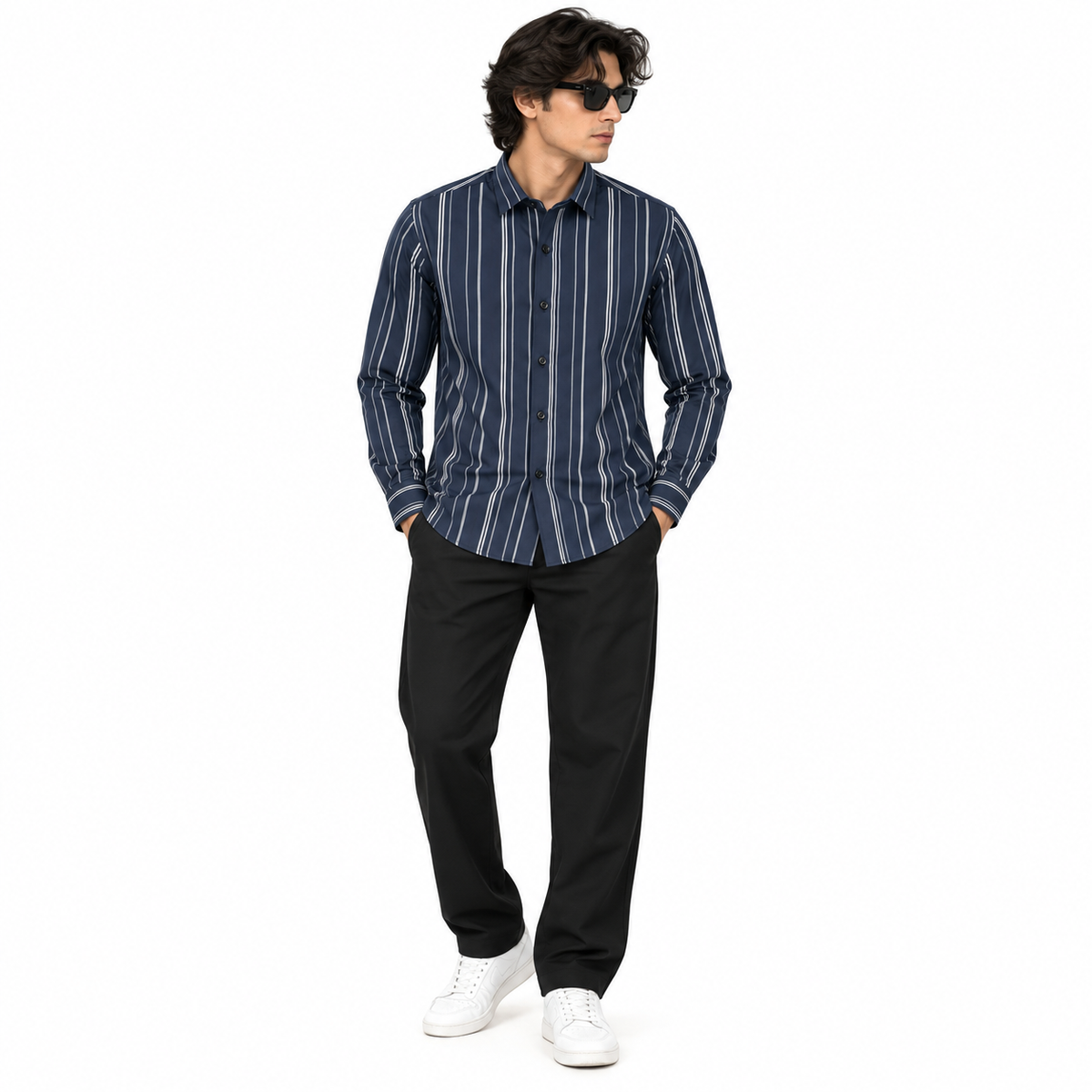 Navy Blue Vertical Stripe Slim Fit Long Sleeve Shirt