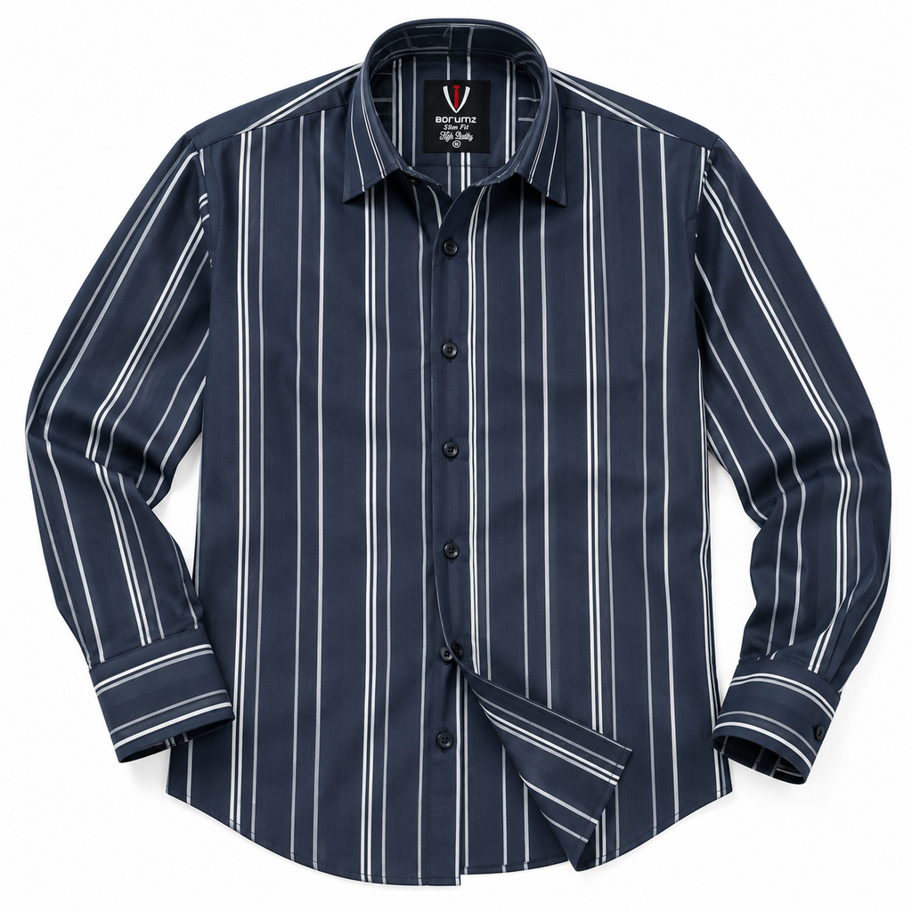 Navy Blue Vertical Stripe Slim Fit Long Sleeve Shirt